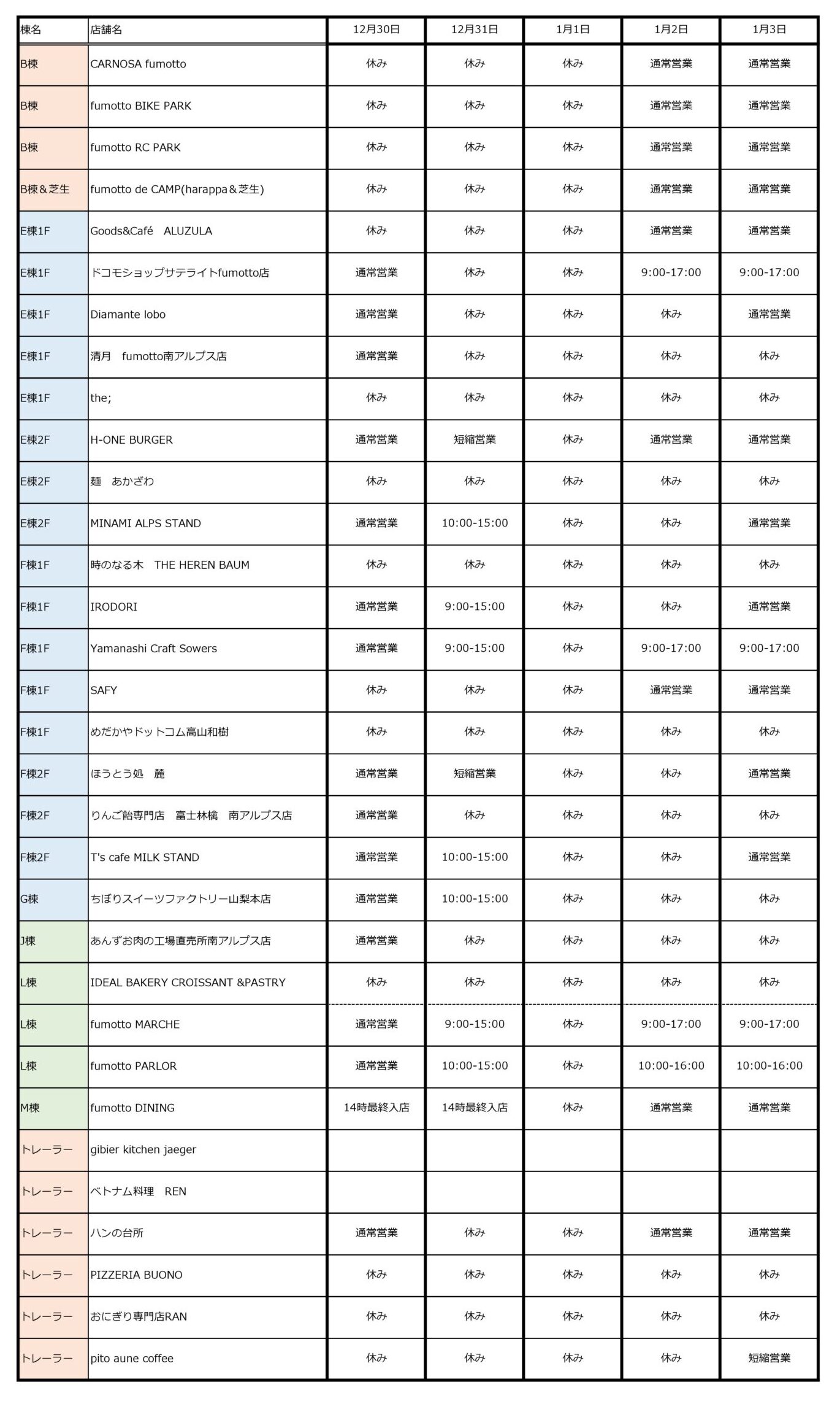 年末年始の営業時間＆休業のお知らせ